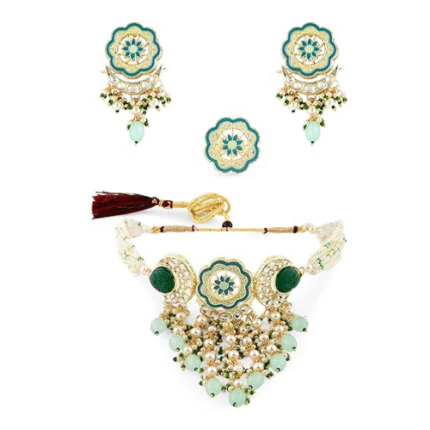 Turquoise Blue & Green Meenakari Cascading Waterfall Beads Necklace